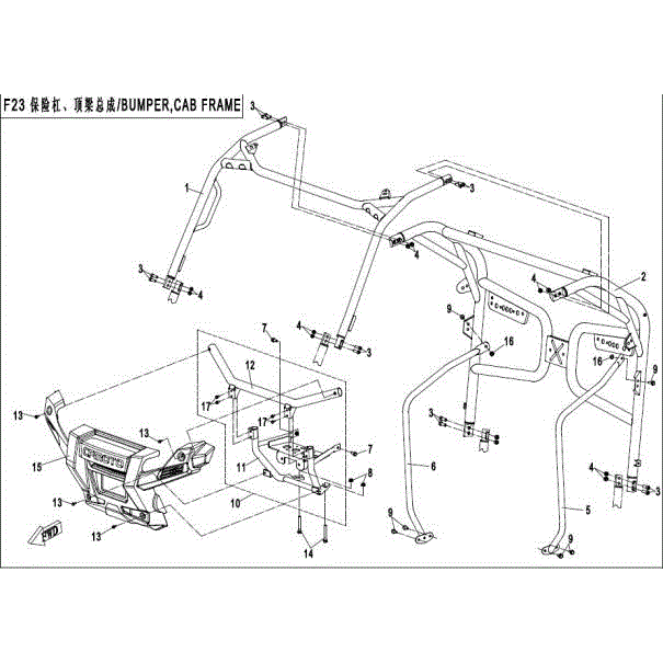 An Image of a Genuine CFMOTO Parts Schematic Diagram showing the schematic - BUMPER CAB FRAME - 2016 CFMOTO UFORCE 500