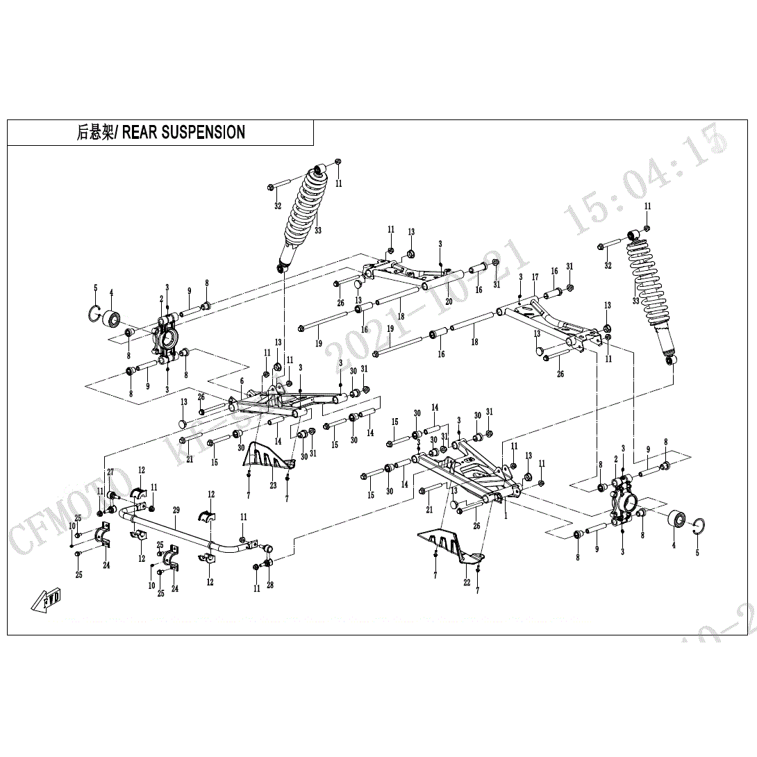 An Image of a Genuine CFMOTO Parts Schematic Diagram showing the schematic - REAR SUSPENSION - 2023 CFMOTO UFORCE 1000 XL