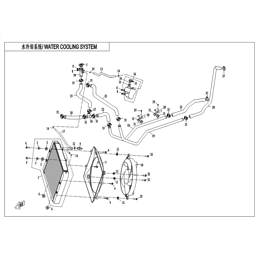 An Image of a Genuine CFMOTO Parts Schematic Diagram showing the schematic - COOLING SYSTEM (WATER) - 2019 CFMOTO ZFORCE 800 Trail