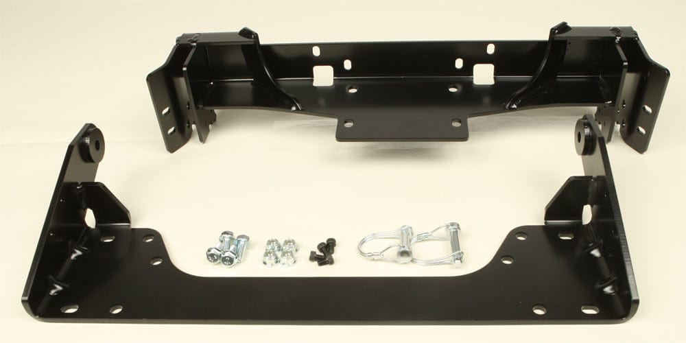 The Yamaha UTV Provantage Front Snow Plow Mounting Kit By Warn includes two black metal brackets with bolts, nuts, washers, and metal pins. All hardware is corrosion-resistant for long-lasting durability.