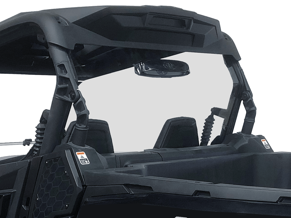 A close-up of a black off-road vehicle cab showcases the Can-Am Maverick Trail / Sport & Commander Clear Vented Rear Windshield by Spike, rearview mirror, roll cage, and two seats—offering superior element protection on a white background.