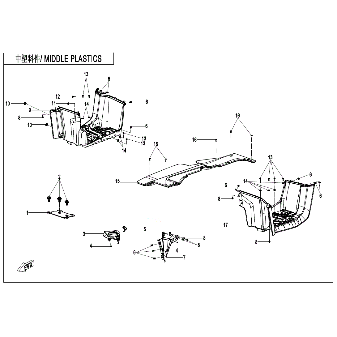 An Image of a genuine CFMOTO Parts Schematic Diagram showing the group - MIDDLE PLASTICS(2) - 2020 CFMOTO CFORCE 600