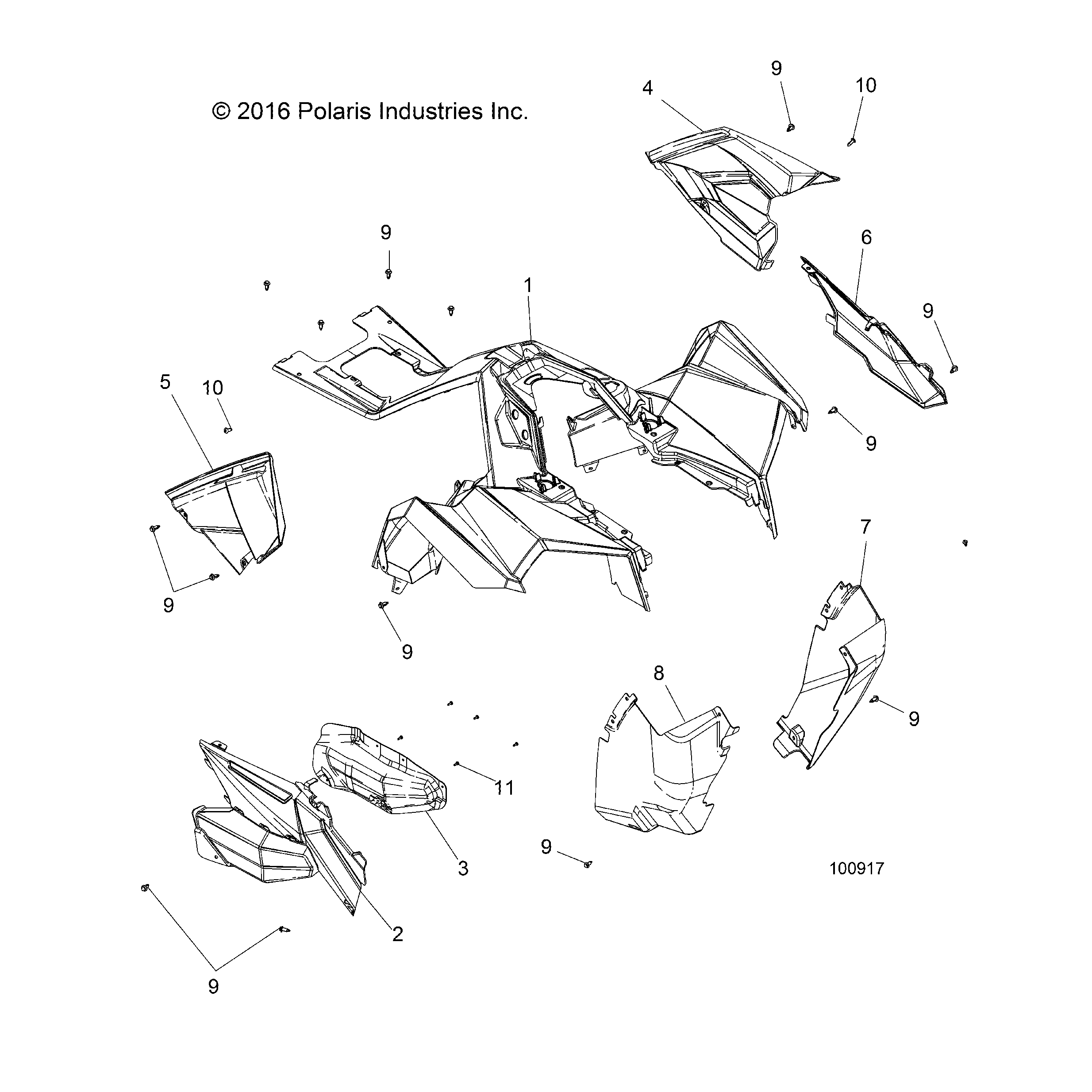 An Image of a Genuine Polaris Parts Schematic Diagram showing the schematic - BODY: FRONT CAB and SIDE PANELS - 2017 POLARIS SCRAMBLER XP 1000