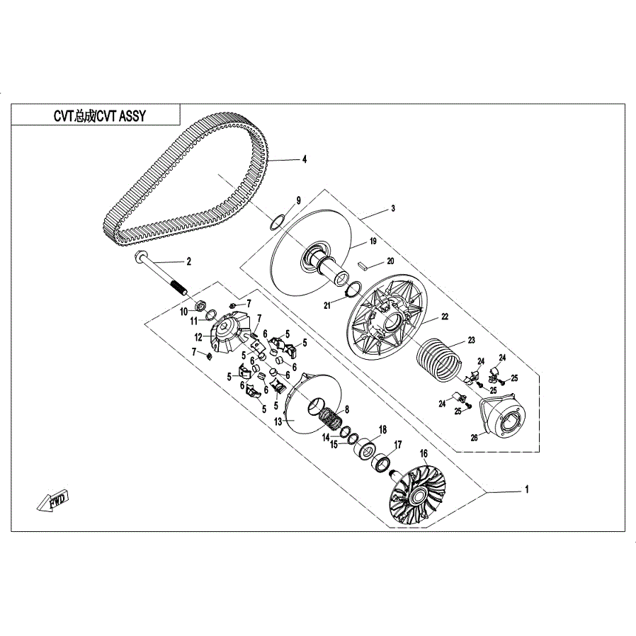 An Image of a Genuine CFMOTO Parts Schematic Diagram showing the schematic - CVT ASSY - 2019 CFMOTO ZFORCE 500