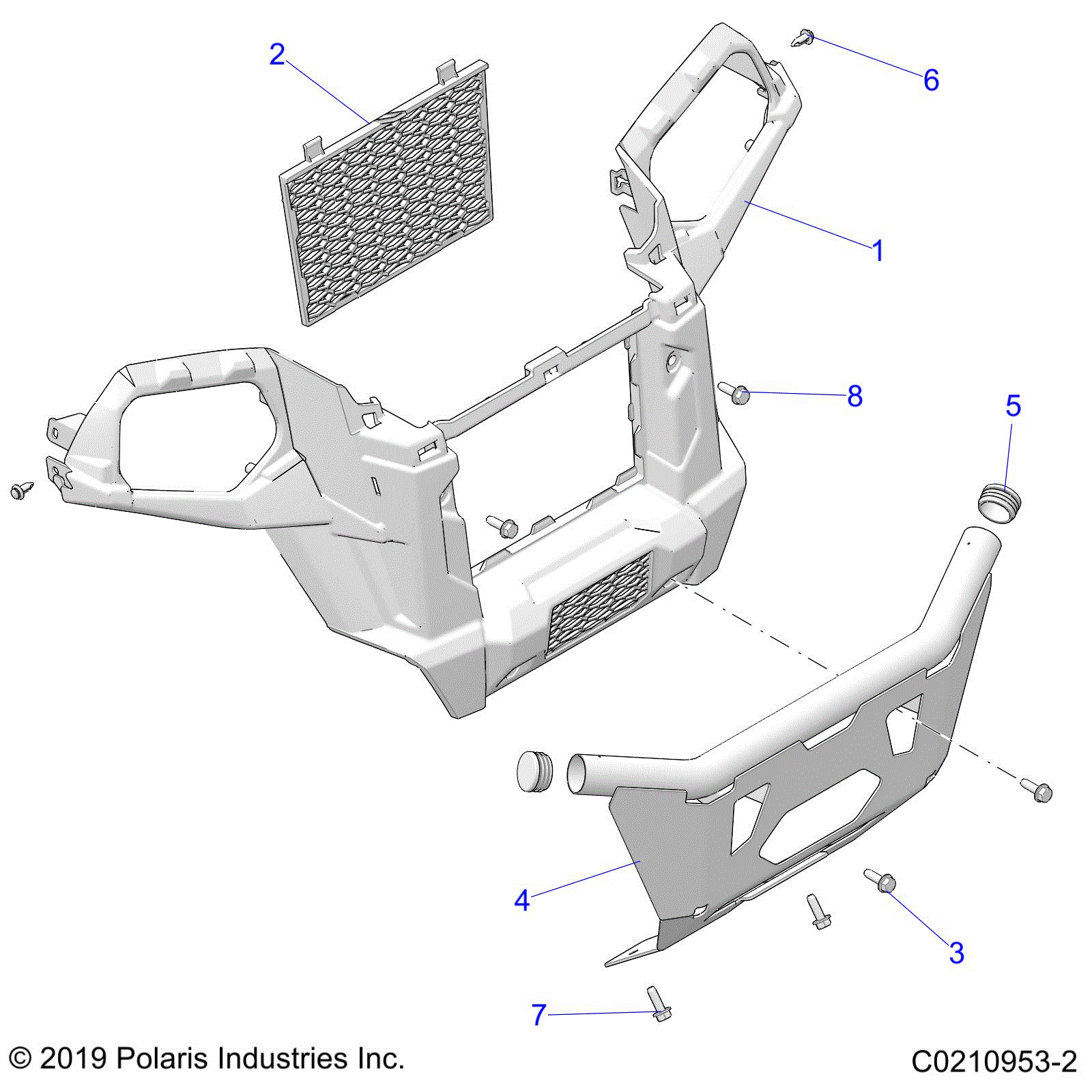 An Image of a Genuine Polaris Parts Schematic Diagram showing the schematic - BODY: FRONT BUMPER - 2021 POLARIS SCRAMBLER XP 1000 S 55"