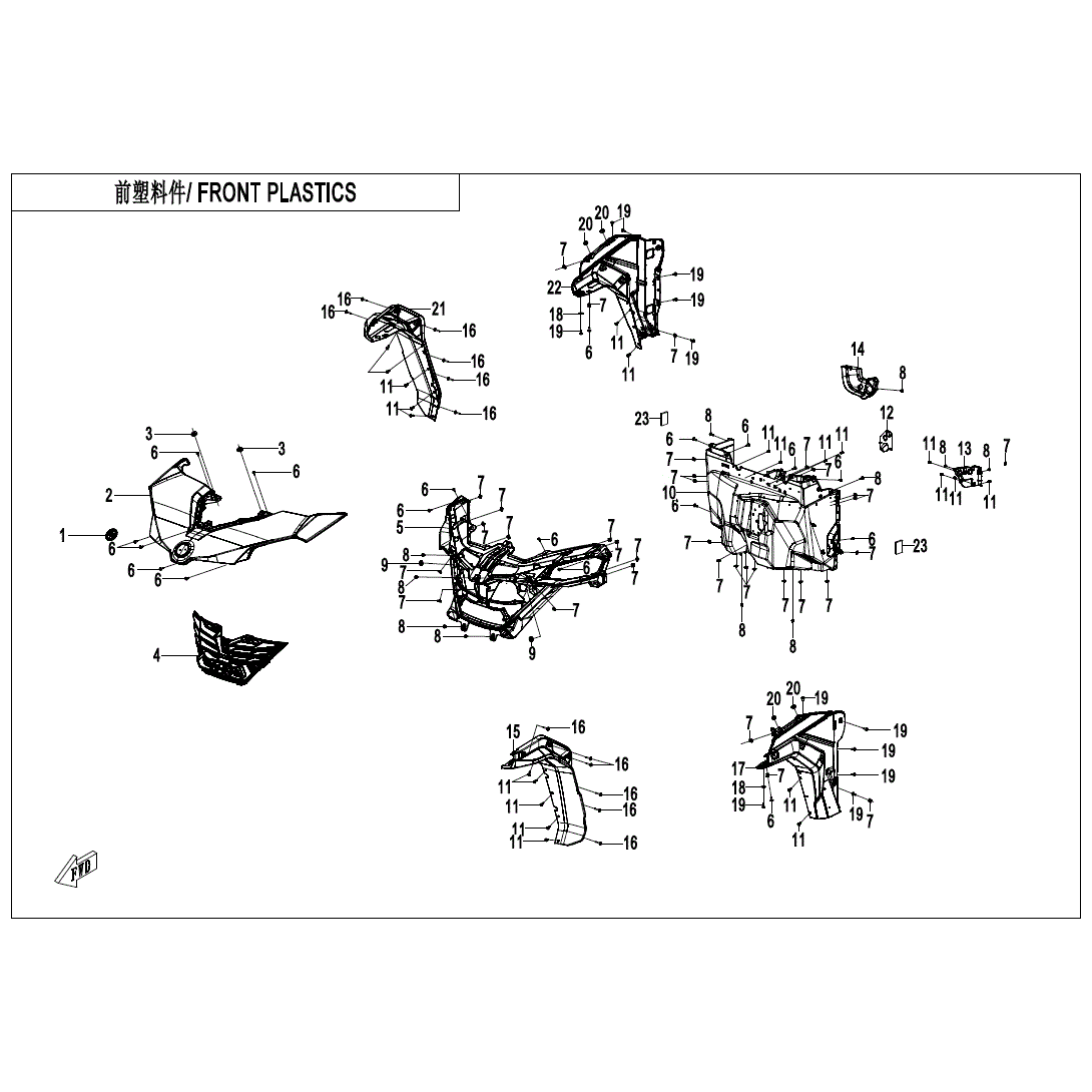 An Image of a Genuine CFMOTO Parts Schematic Diagram showing the schematic - FRONT PLASTICS - 2025 CFMOTO ZFORCE 950 Sport