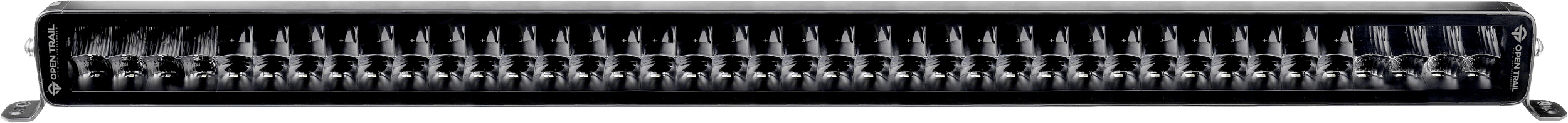 The Stealth LED Light Bar 40 by Open Trail features a row of closely spaced circular Osram LEDs in a rugged black metal housing, designed for easy mounting—ideal for vehicles and off-road lighting in tough conditions.
