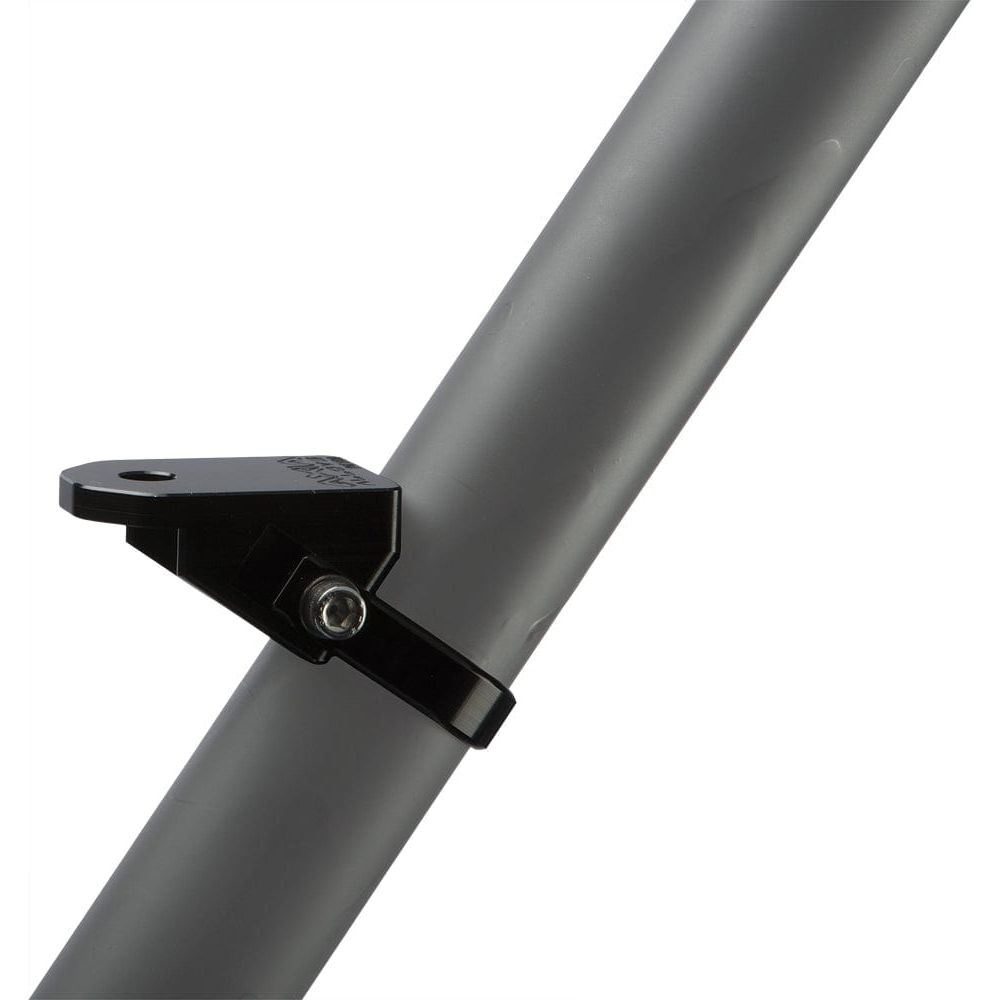 The A Pillar Roll Cage Mount 2 by Open Trail is a black metal clamp that secures a gray cylindrical tube at an angled front position, ideal for mounting LED lights on your A-pillar with visible screw fastenings.