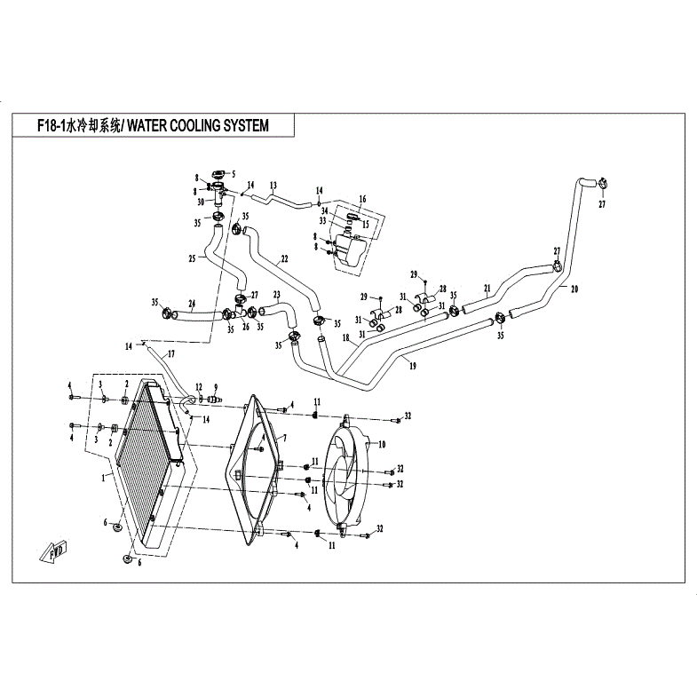 An Image of a Genuine CFMOTO Parts Schematic Diagram showing the schematic - WATER COOLING SYSTEM - 2018 CFMOTO ZFORCE 800 EX
