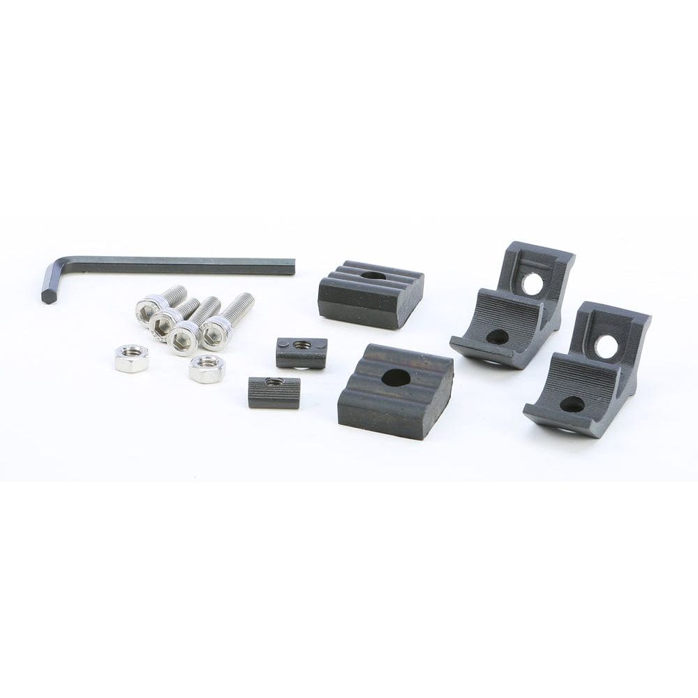 The Light Bar Mounting Hardware Kit 5W by Open Trail includes metal brackets, bolts, nuts, two square blocks, a hex key, and small rectangular pieces displayed on a white background.