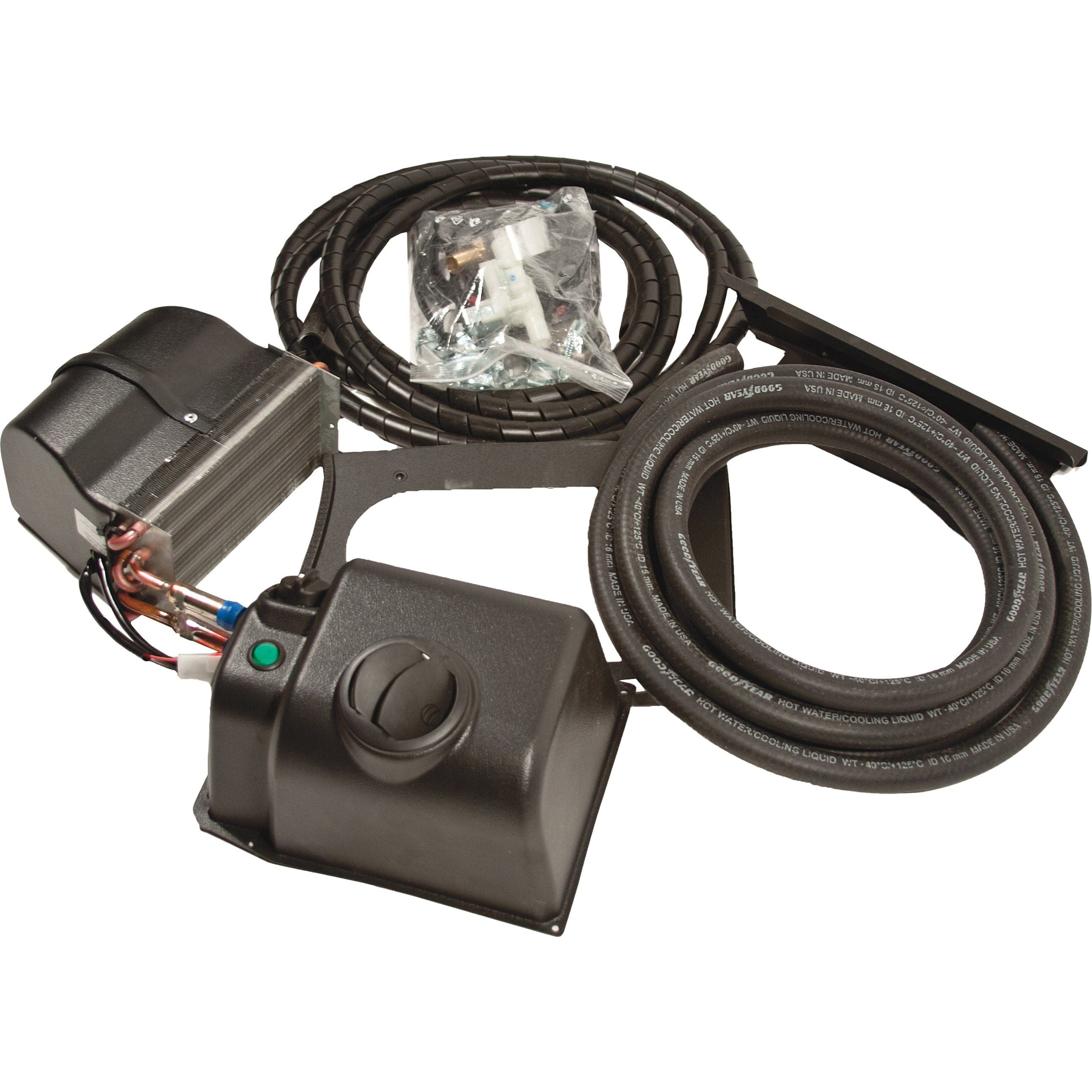 The UTV Cab Heater by Open Trail includes durable black hoses, electrical wiring, a plastic control box with a green button, and a sealed bag of metal parts, all arranged on a white background.