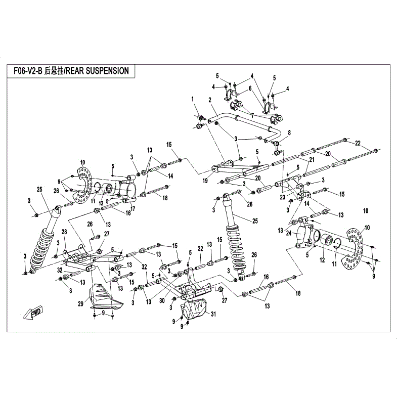 An Image of a Genuine CFMOTO Parts Schematic Diagram showing the schematic - REAR SUSPENSION (2018) - 2018 CFMOTO ZFORCE 500