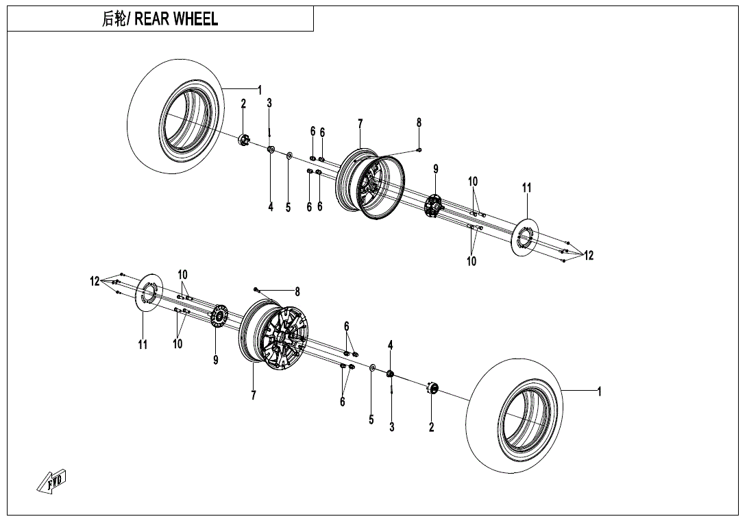 Exploded diagram of a rear wheel assembly for an off-road vehicle, featuring parts like the CF Moto Tire, axle, bearings, spacers, nuts, bolts, and a hub. Bilingual labels (Chinese/English) at top left. Shop CF Moto OEM Parts at Witchdoctors.com.