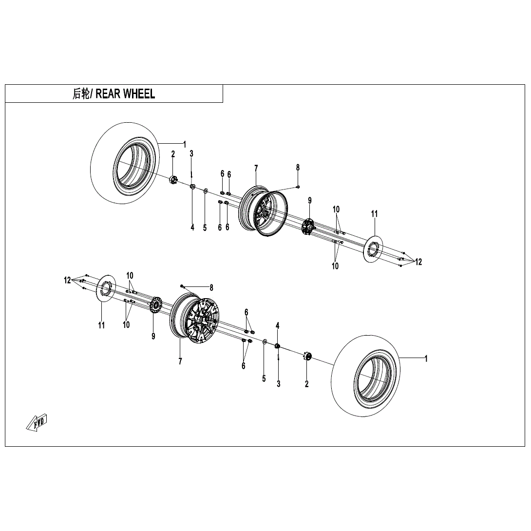 An Image of a Genuine CFMOTO Parts Schematic Diagram showing the schematic - REAR WHEEL - 2025 CFMOTO UFORCE 800 XL