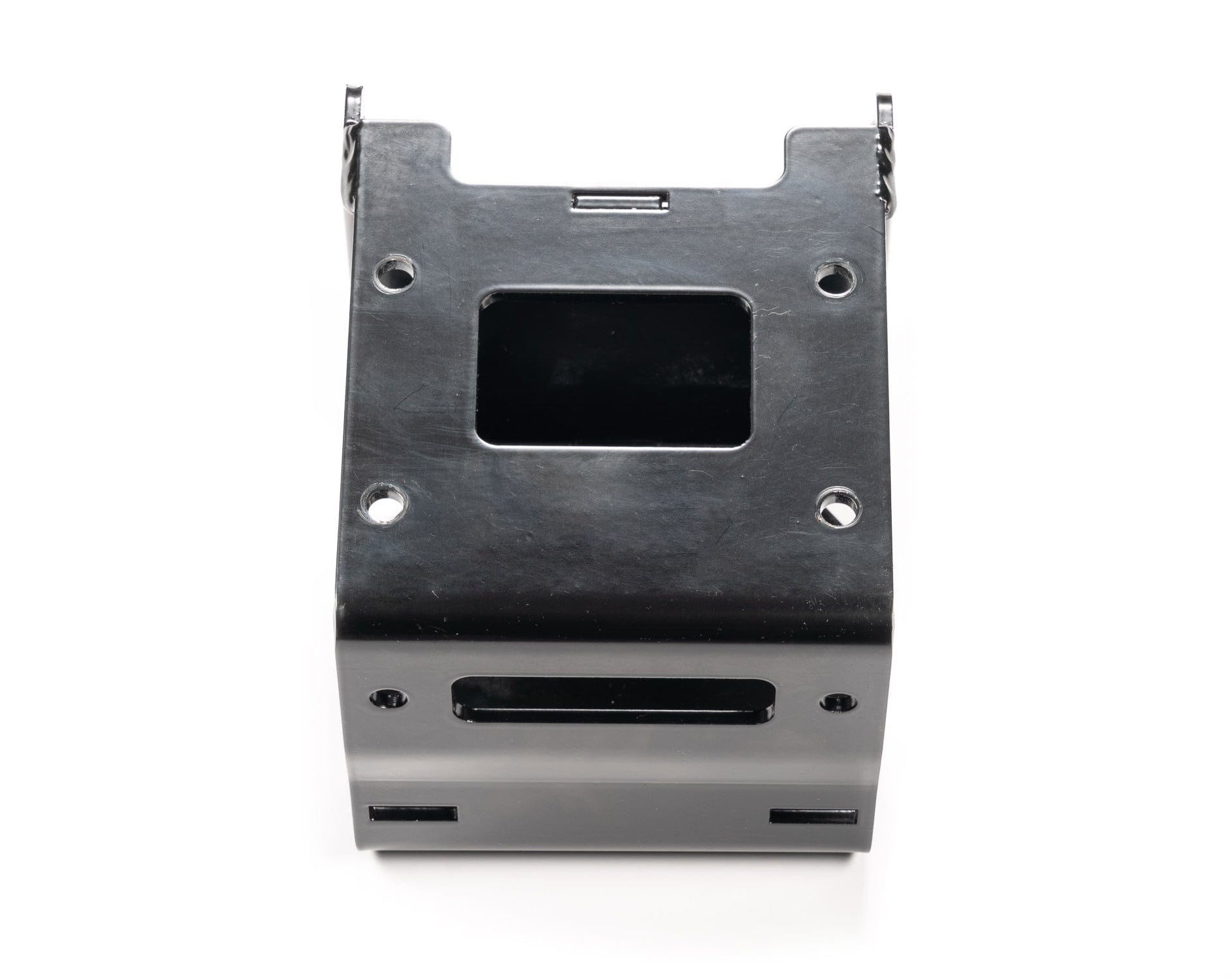 The Polaris Sportsman (2021-2022) Winch Mounting Kit by Warn is a black metal bracket with a central square cutout, four screw holes, and a bottom slot, designed for ATV winches and quality-built. Shown from above on a white background.