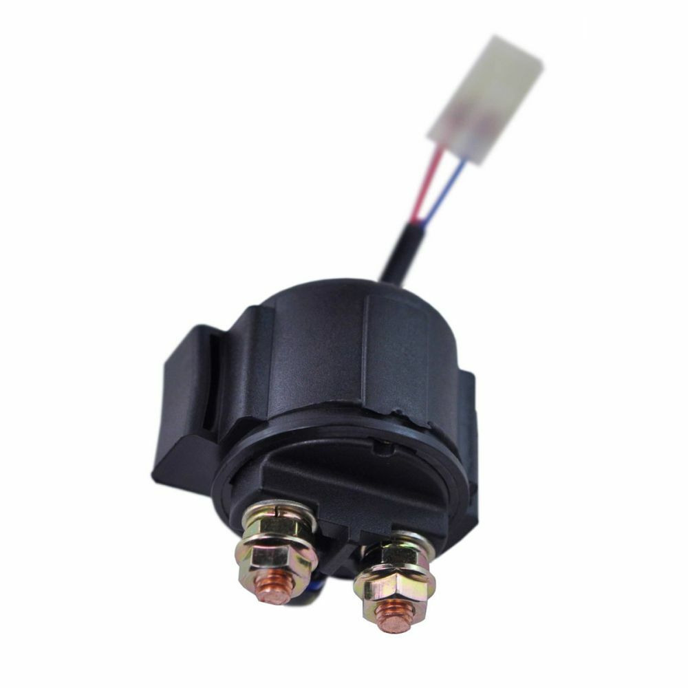 Black cylindrical starter relay with two brass terminal bolts and a white plastic connector with red and blue wires.