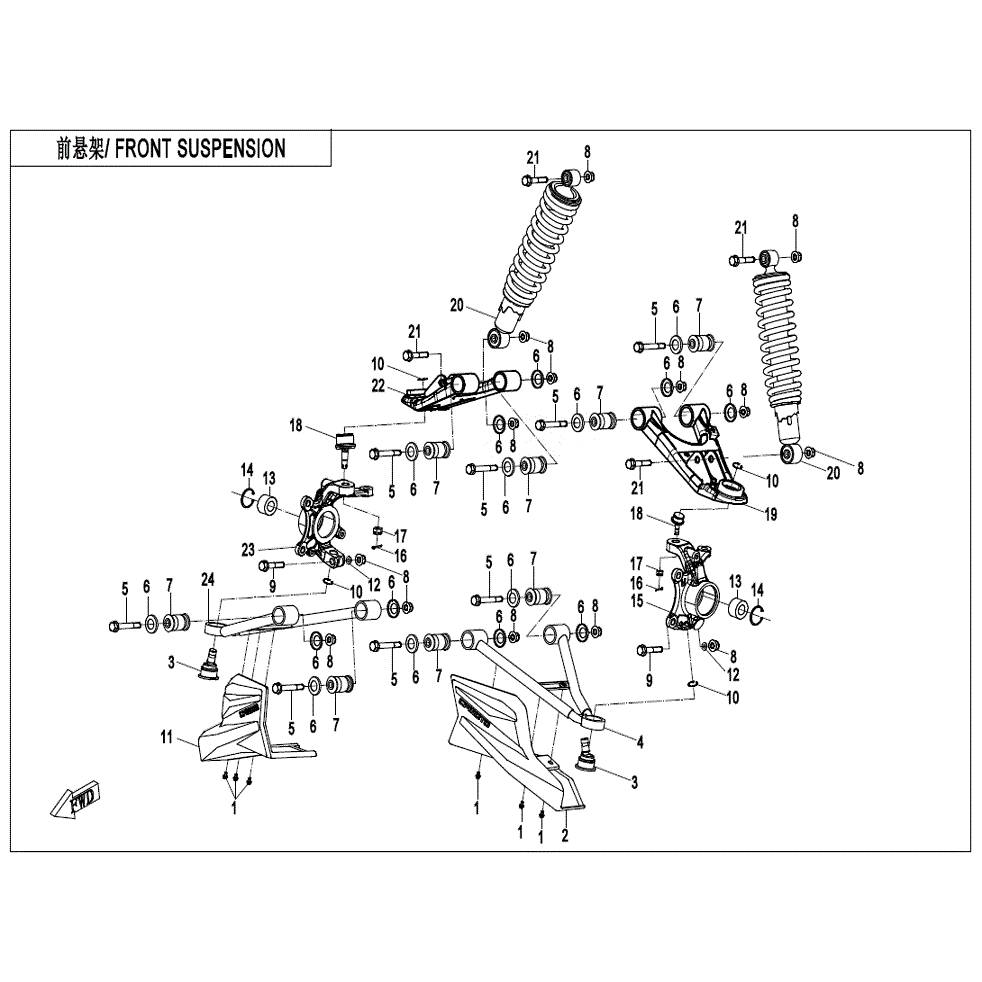 An Image of a genuine CFMOTO Parts Schematic Diagram showing the group - FRONT SUSPENSION (NA) - 2022 CFMOTO CFORCE 400