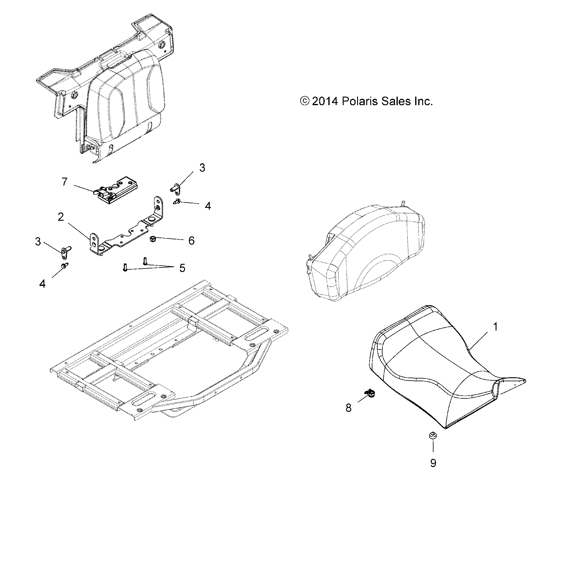 An Image of a Genuine Polaris Parts Schematic Diagram showing the schematic - BODY: SEAT OPERATOR - 2019 POLARIS SPORTSMAN 570 EFI X2 EPS