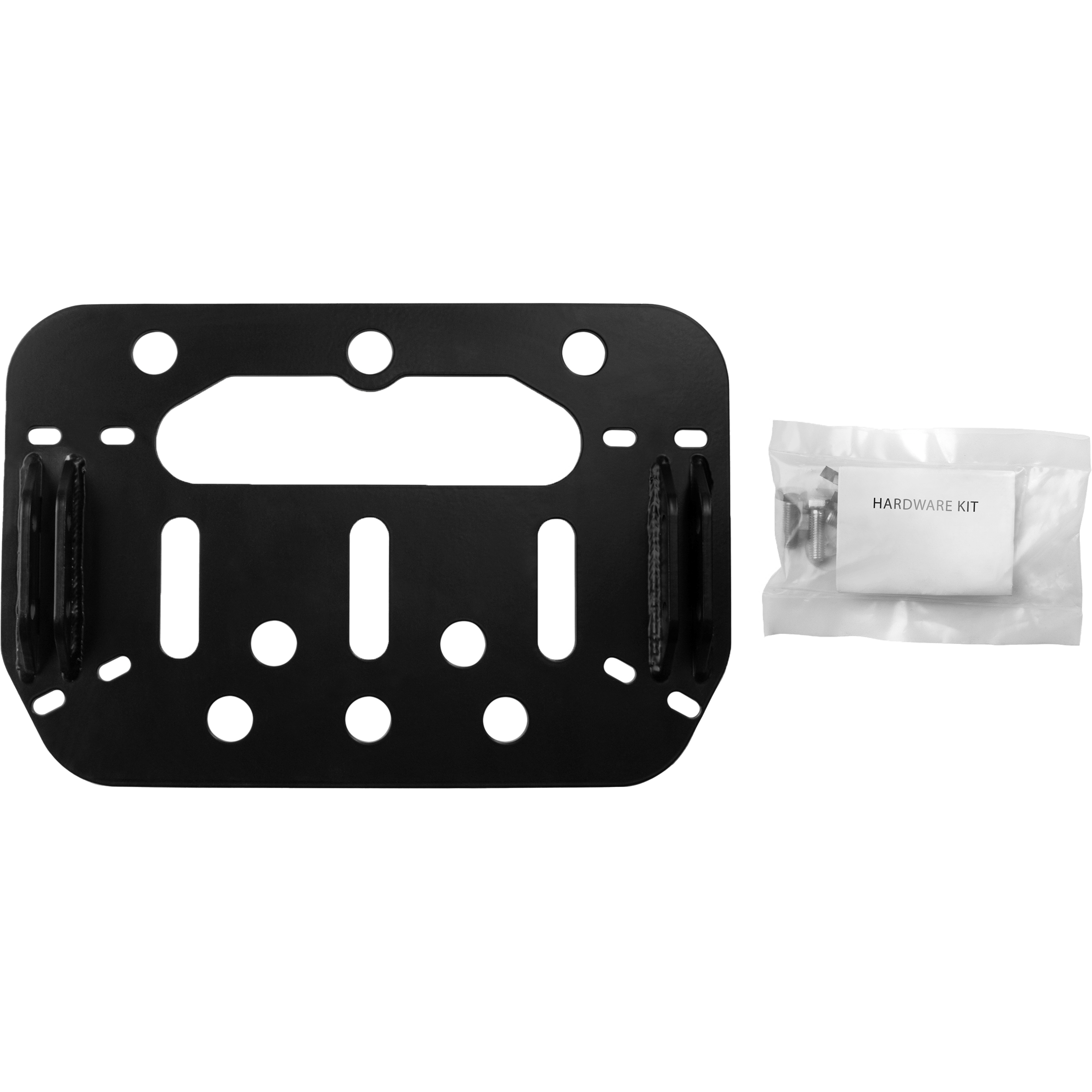 The Plow Mount by Open Trail is a flat black metal plate with various holes and slots, pictured beside a small clear plastic bag labeled Hardware Kit, which contains screws and fasteners.
