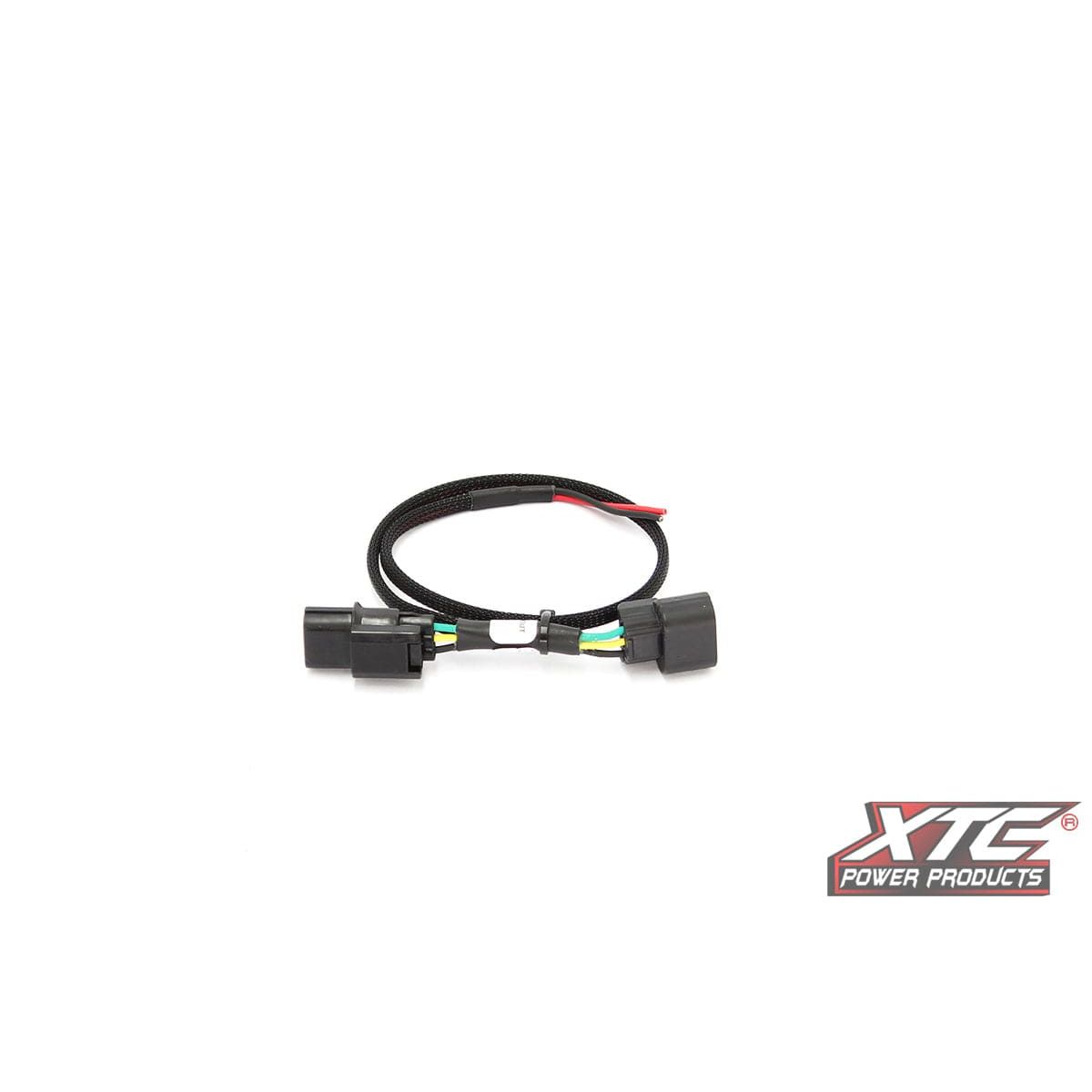 The Plug N Play Power Out Whip/License Plate Hon by XTC Power features a short, coiled cable harness with black connectors on each end and visible colored wires. The XTC Power Products logo is shown in the bottom right corner.