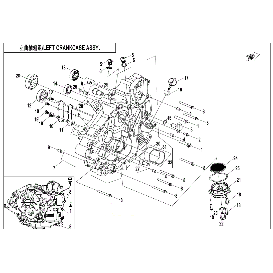 An Image of a Genuine CFMOTO Parts Schematic Diagram showing the schematic - LEFT CRANKCASE ASSY - 2024 CFMOTO UFORCE 600