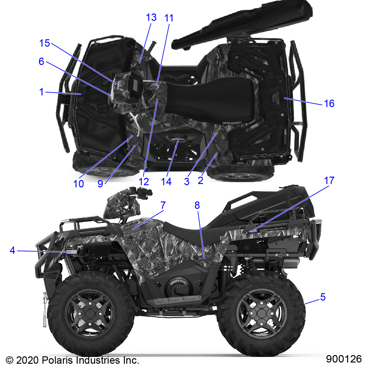 An Image of a Genuine Polaris Parts Schematic Diagram showing the schematic - BODY: DECALS - 2020 POLARIS SPORTSMAN 570 HUNTER EDITION