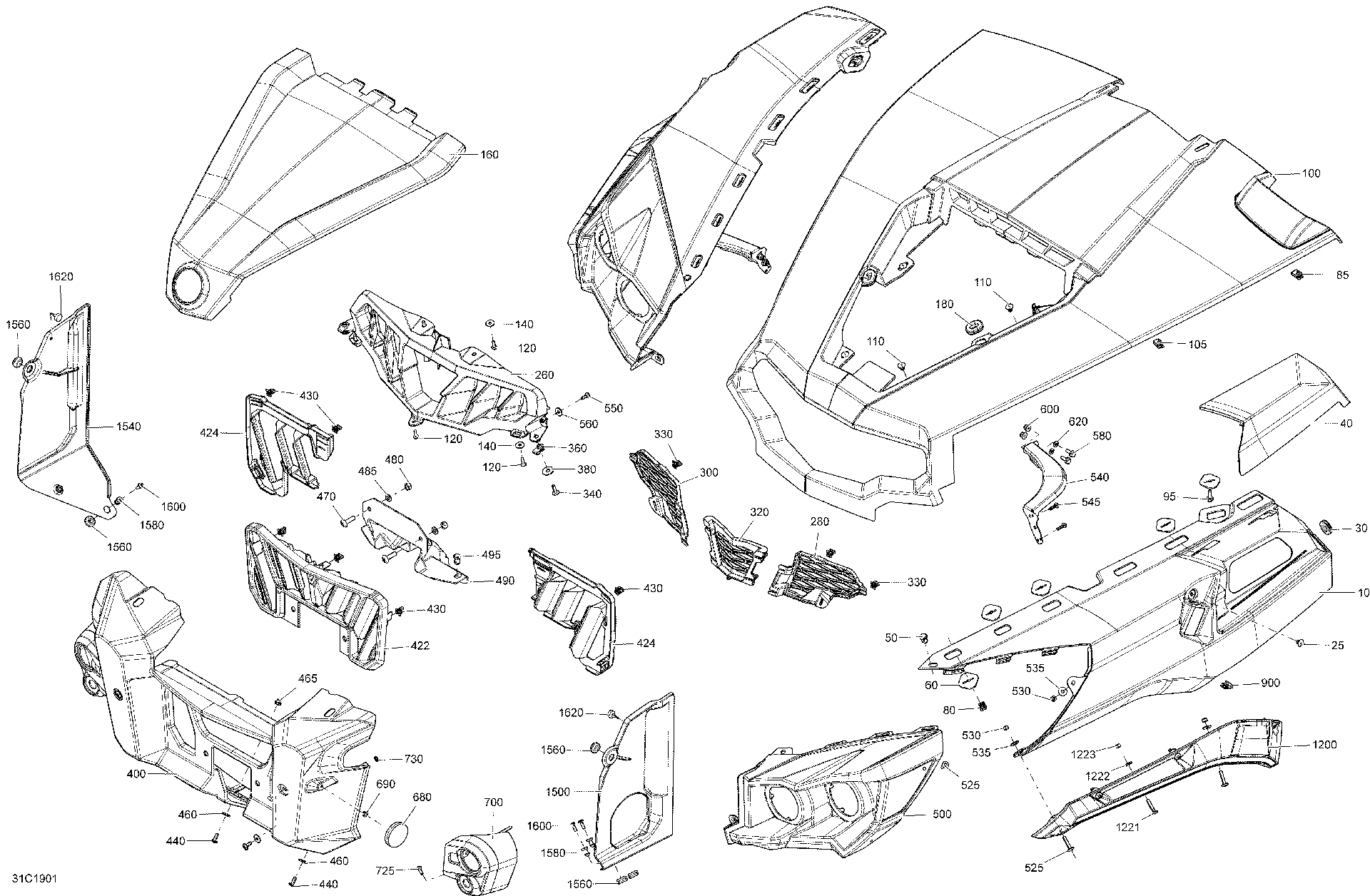 An Image of a Genuine Can-Am Parts Schematic Diagram showing the schematic - BODY AND ACCESSORIES - FRONT SECTION - SQUADRON GREEN