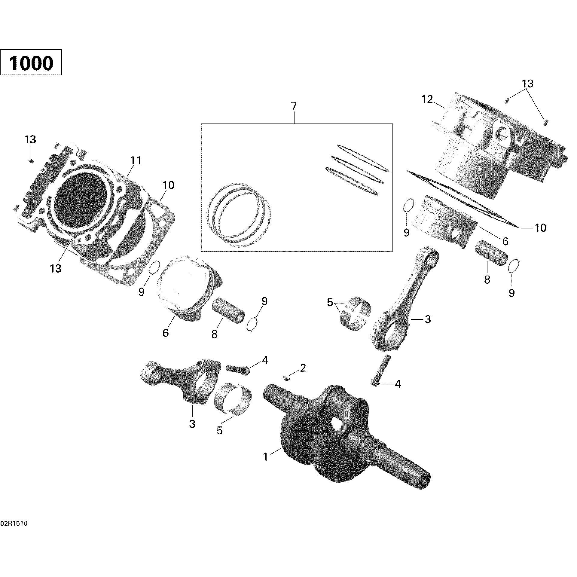 An Image of a Genuine Can-Am Parts Schematic Diagram showing the schematic - CRANKSHAFT PISTON AND CYLINDER _02R1510