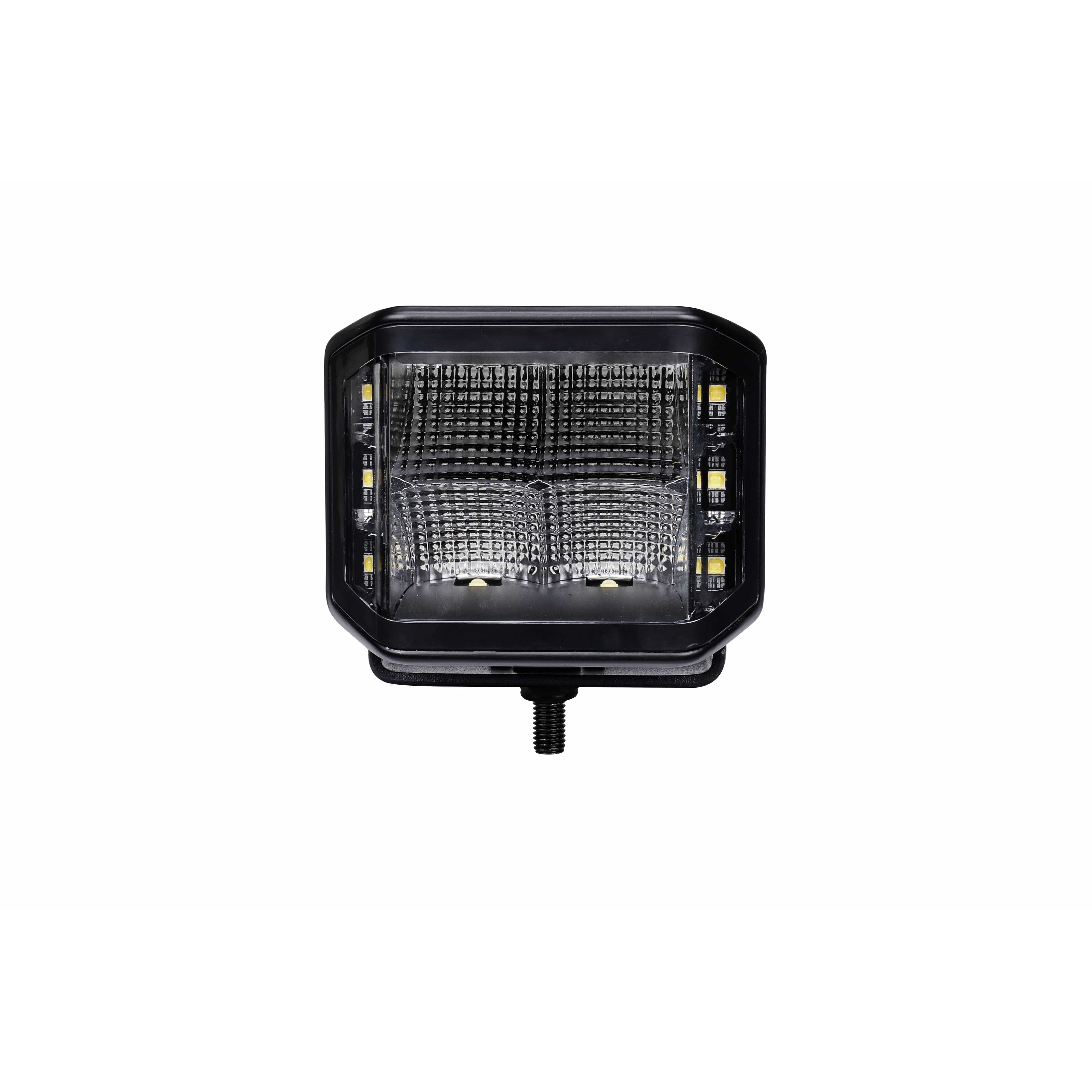 The Stealth Side Shooter LED Pods Flood (Pr) by Open Trail features Osram LEDs in a square black frame with a transparent textured lens and multiple visible bulbs, mounted on a single screw base against a white background.