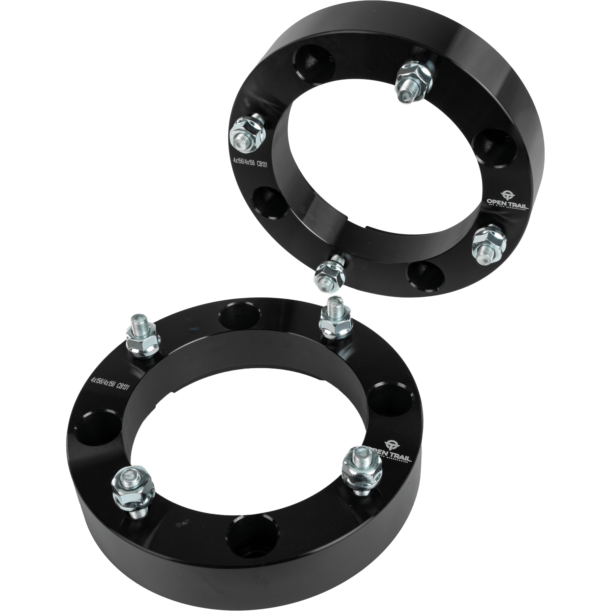 Two black Open Trail Wheel Spacer 1.5 4/156 Stud: 3/8 x 24 units, each with five bolts and brand markings, are stacked on a white background. These aluminum alloy spacers improve traction and stability.