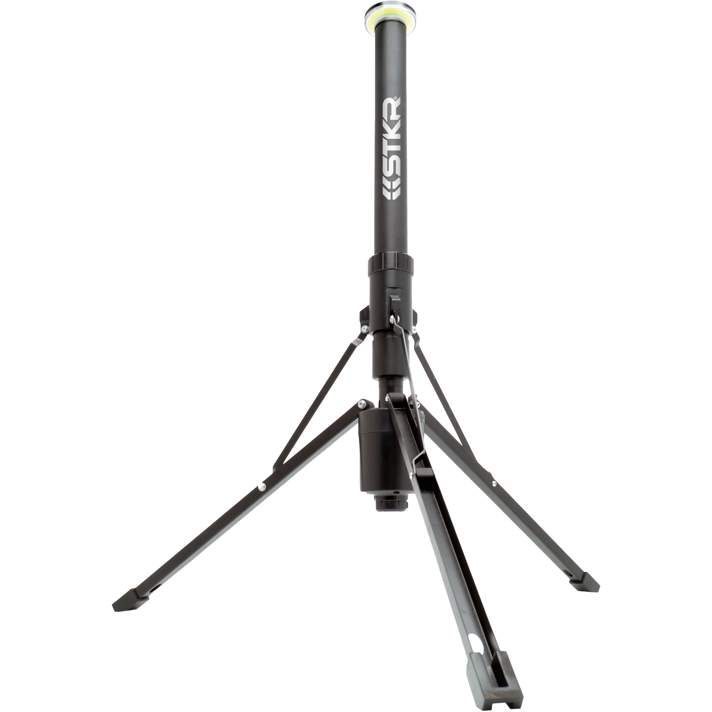 The Fli Over-Lander Telescoping Light With Wireless Remote by STKR is mounted on a black, collapsible tripod stand with STKR branding, ideal for portable outdoor lighting, shown against a plain, light background.