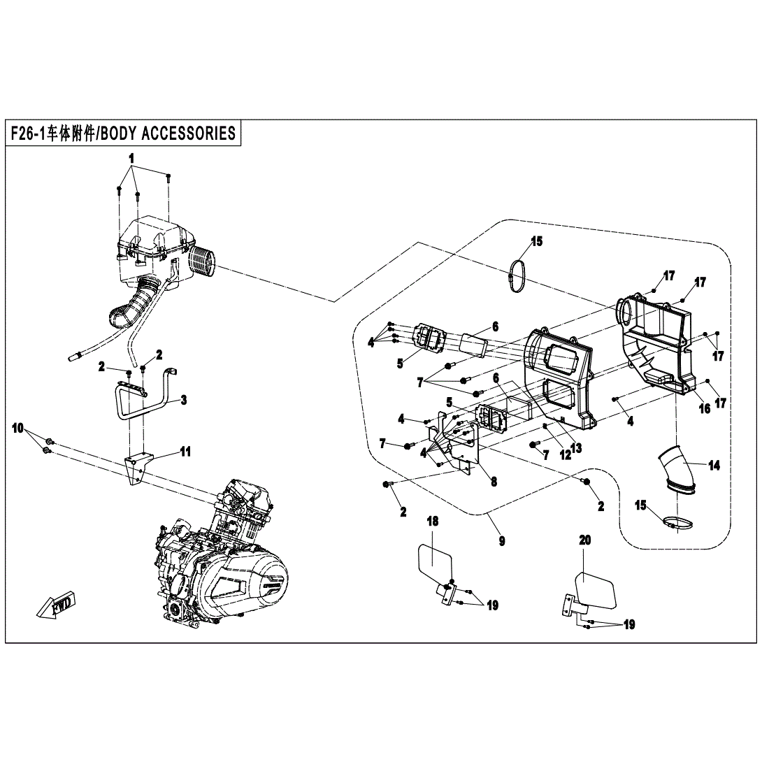 An Image of a Genuine CFMOTO Parts Schematic Diagram showing the schematic - BODY ACCESSORIES(3) - 2020 CFMOTO UFORCE 500