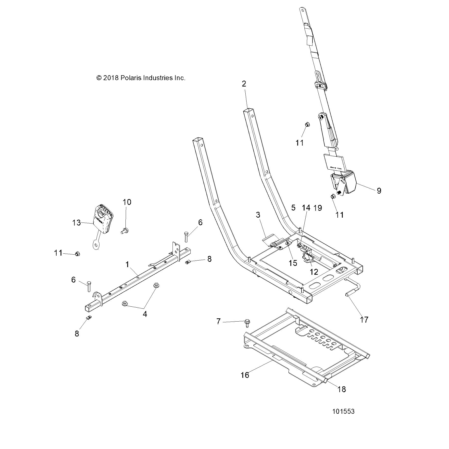 An Image of a Genuine Polaris Parts Schematic Diagram showing the schematic - BODY: SEAT MOUNTING AND BELT - 2019 POLARIS ACE 500 SOHC