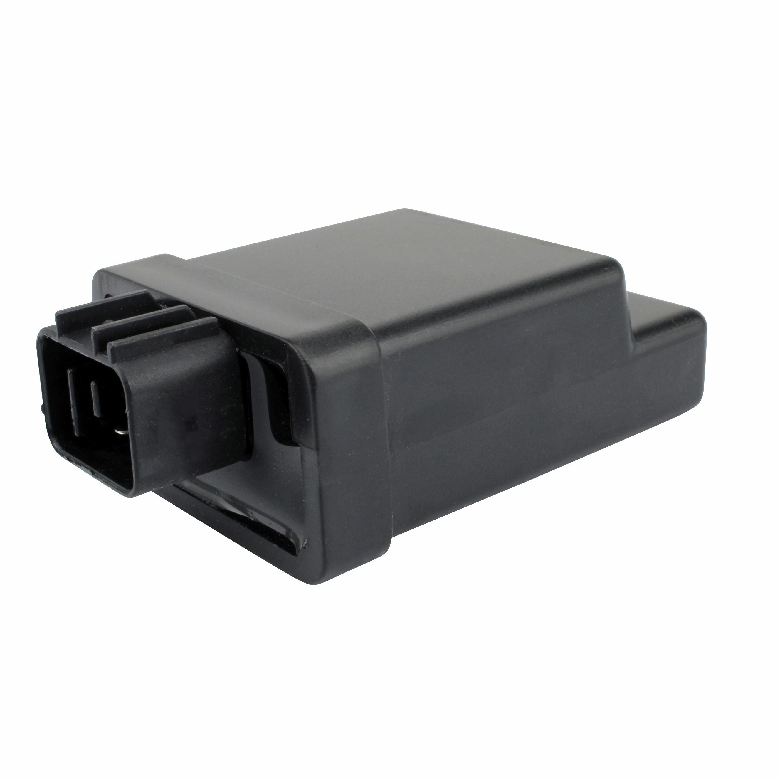 Black rectangular CDI box with integrated wiring connector and smooth plastic housing for offroad vehicles.