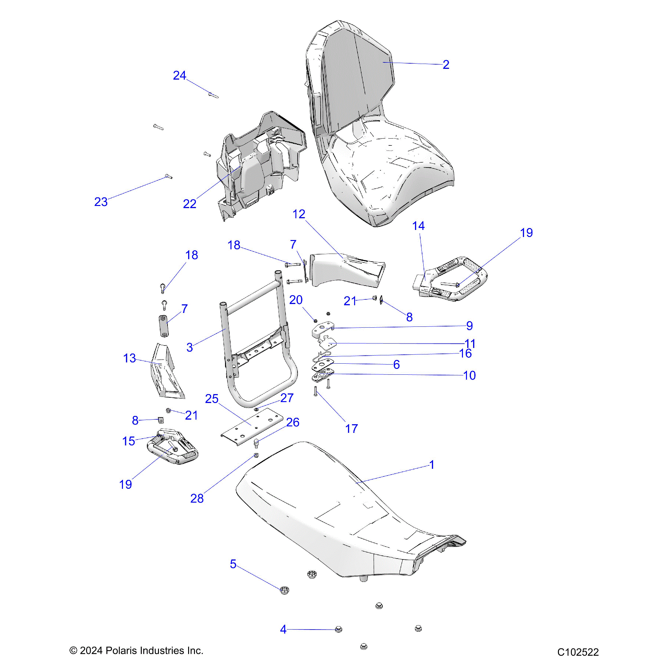 An Image of a Genuine Polaris Parts Schematic Diagram showing the schematic - BODY: SEAT - 2025 POLARIS SPORTSMAN TOURING 570 ULTIMATE
