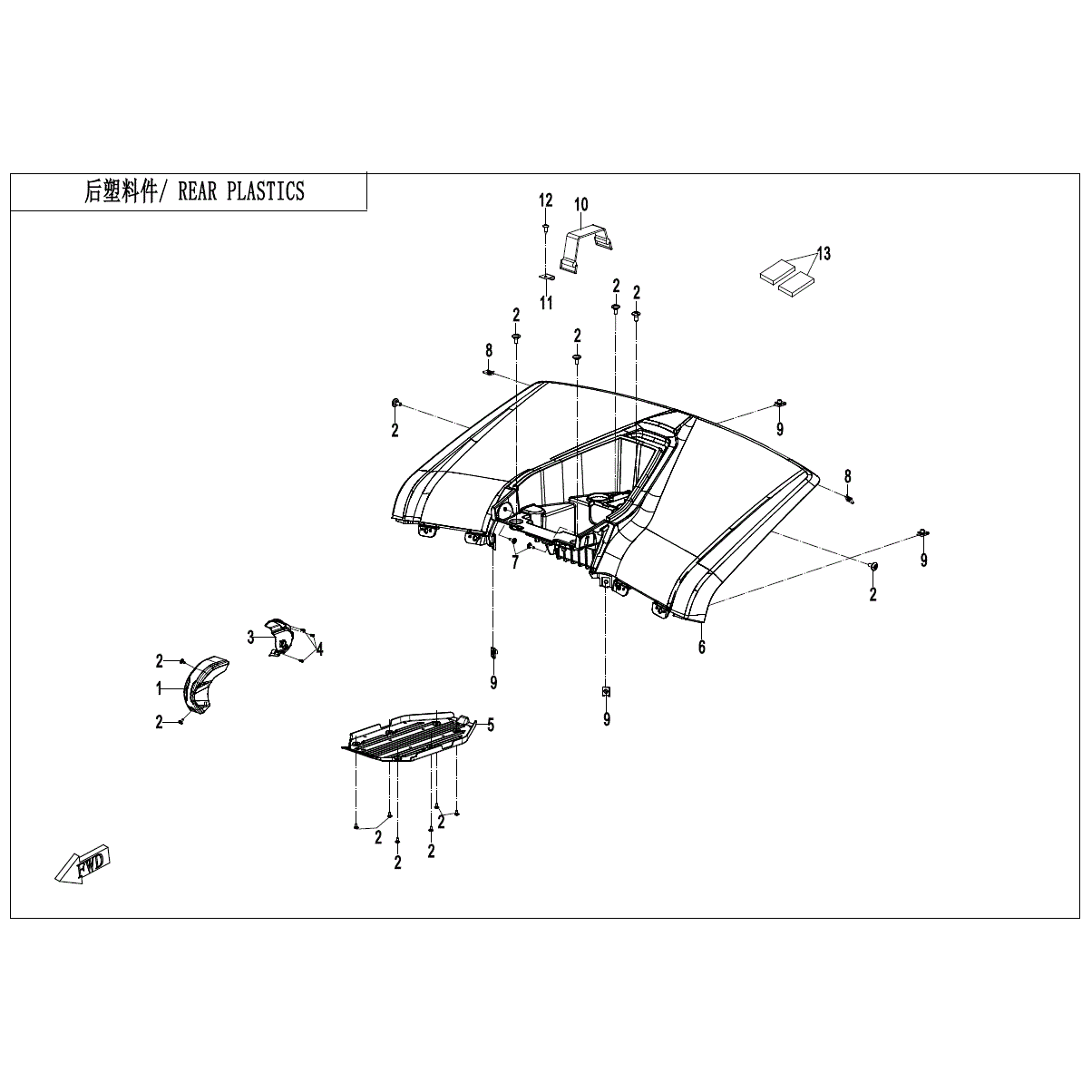 An Image of a genuine CFMOTO Parts Schematic Diagram showing the group - REAR PLASTICS - 2024 CFMOTO CFORCE EV110
