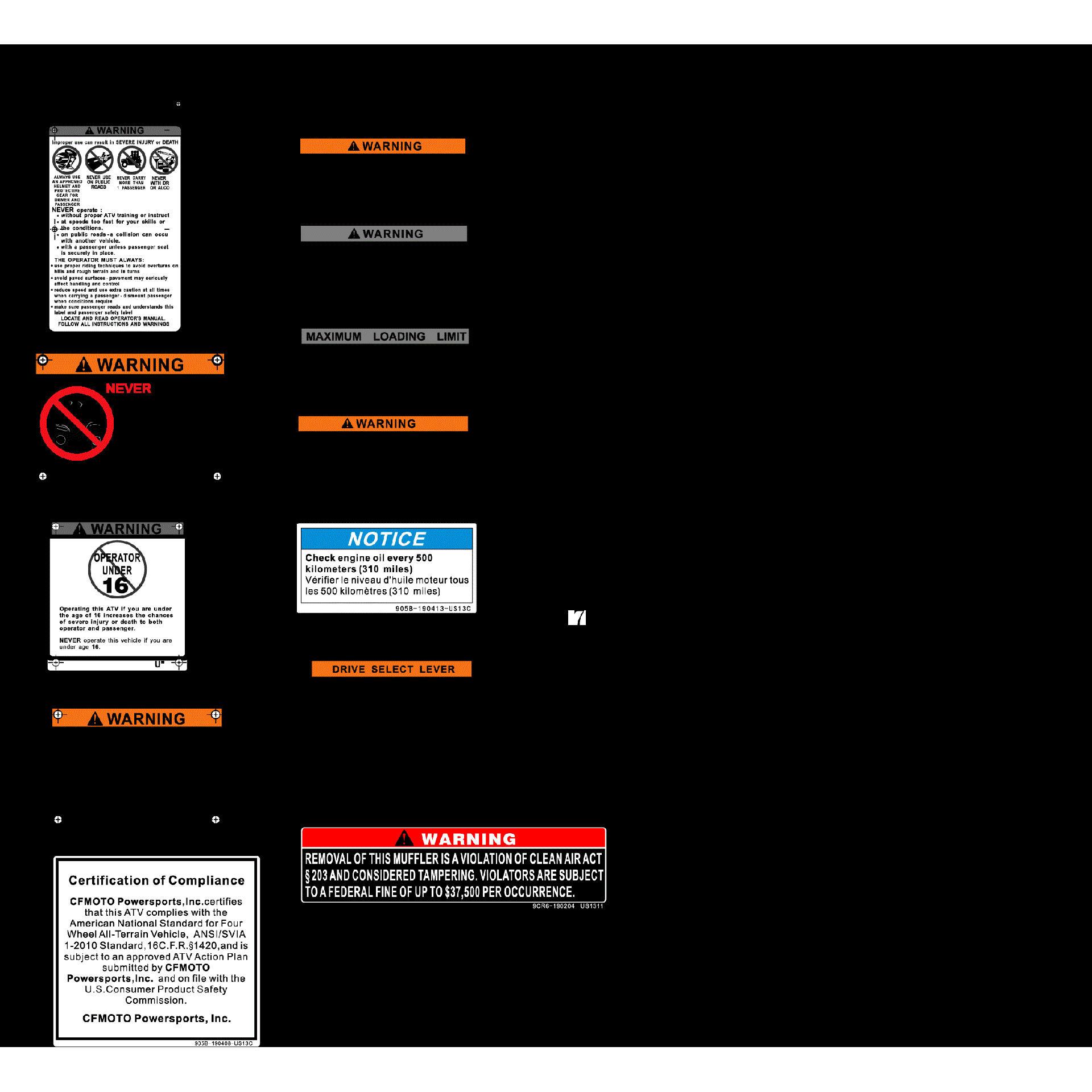 An Image of a genuine CFMOTO Parts Schematic Diagram showing the group - WARNING DECALS - 2017 CFMOTO CFORCE 400