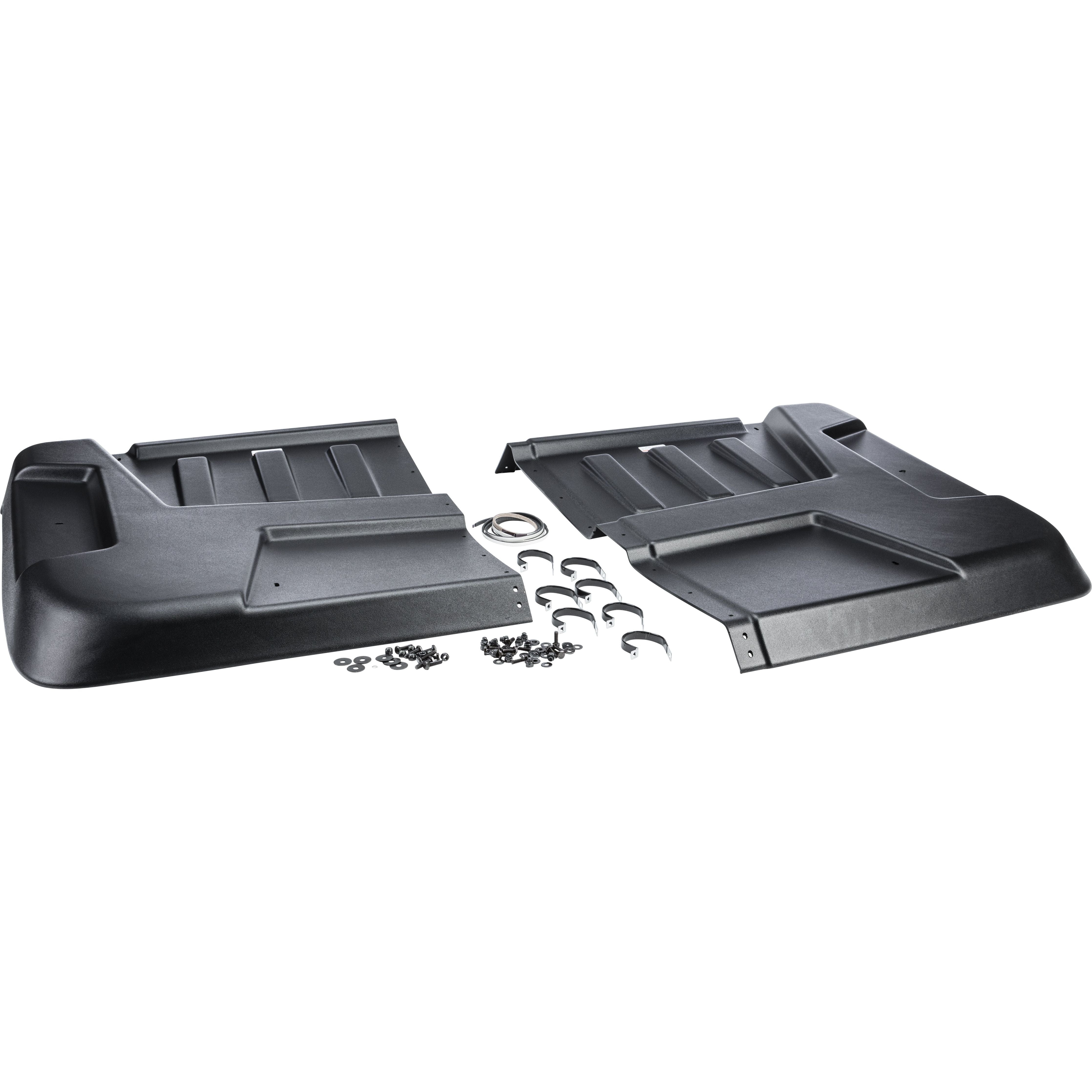 The Polaris Ranger 570 Fullsize / 900 Diesel UTV Molded Roof by Open Trail, made of UV-resistant plastic, comes with installation hardware—screws, washers, and galvanized steel clamps—shown on a white background.