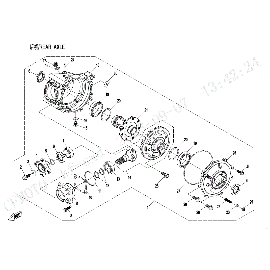 An Image of a genuine CFMOTO Parts Schematic Diagram showing the group - REAR AXLE (NO DIFFERENTIAL) - 2024 CFMOTO CFORCE 800 TOURING
