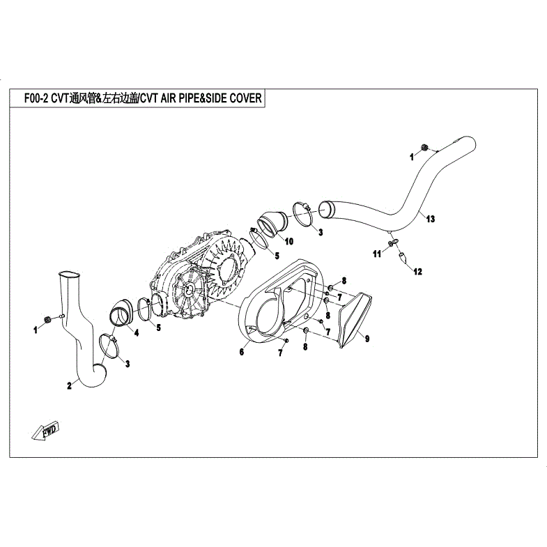 An Image of a genuine CFMOTO Parts Schematic Diagram showing the group - CVT AIR PIPE&SIDE COVER - 2018 CFMOTO CFORCE 500 HO