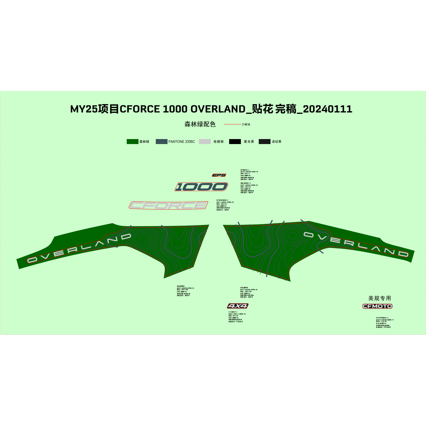 An Image of a genuine CFMOTO Parts Schematic Diagram showing the group - DECAL - 2025 CFMOTO CFORCE 1000 OVERLAND