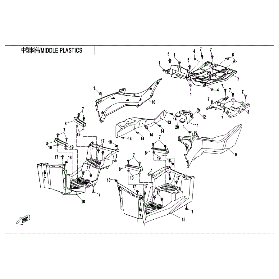 An Image of a genuine CFMOTO Parts Schematic Diagram showing the group - MIDDLE PLASTICS-TRUE TIMBER CAMO - 2019 CFMOTO CFORCE 800 XC