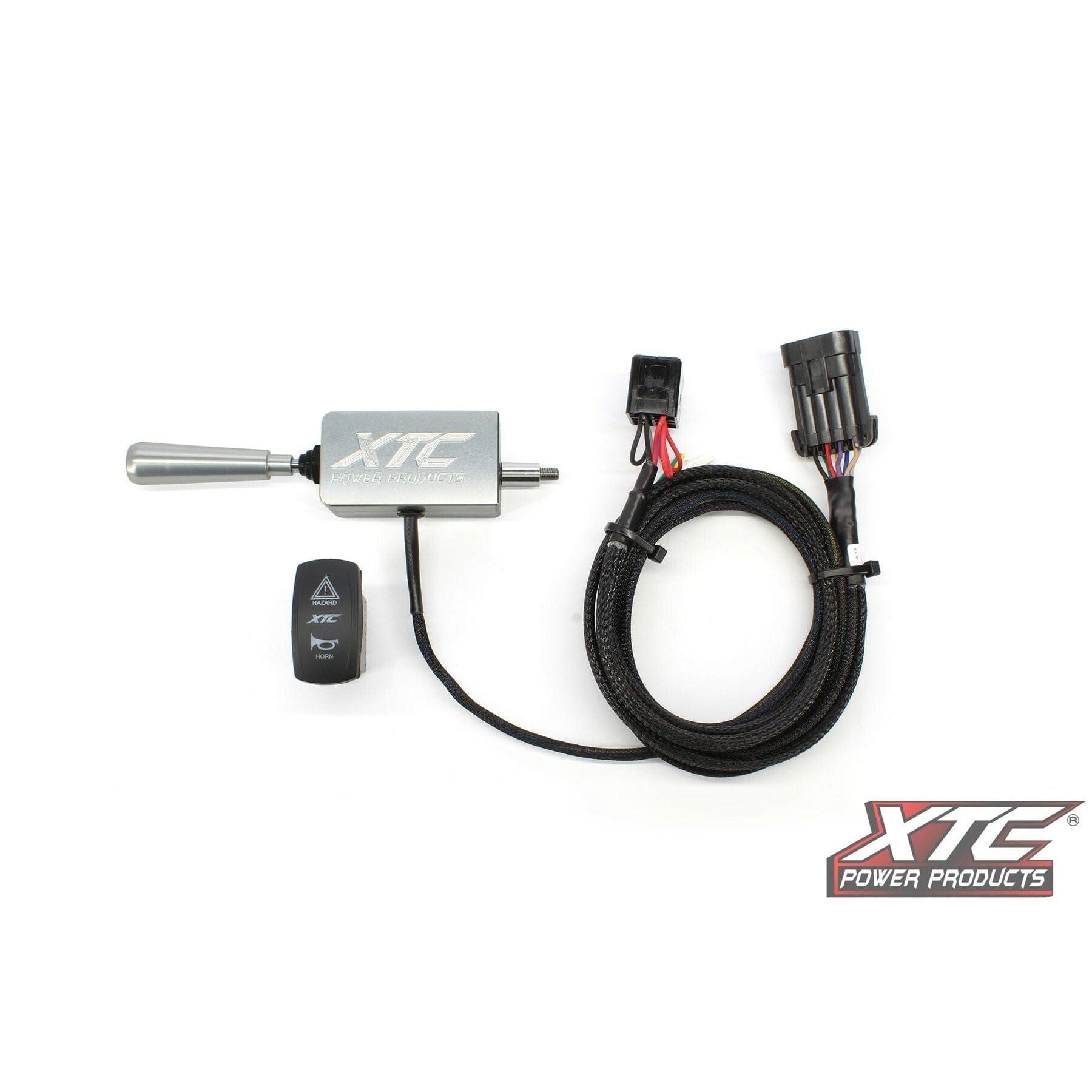 A silver Auto Turn Signal Kit W/Billet Column Lever Pol by XTC Power, with attached wiring harness and separate black rocker switch, is displayed on a white background. The XTC Power Products logo is in the lower right corner.
