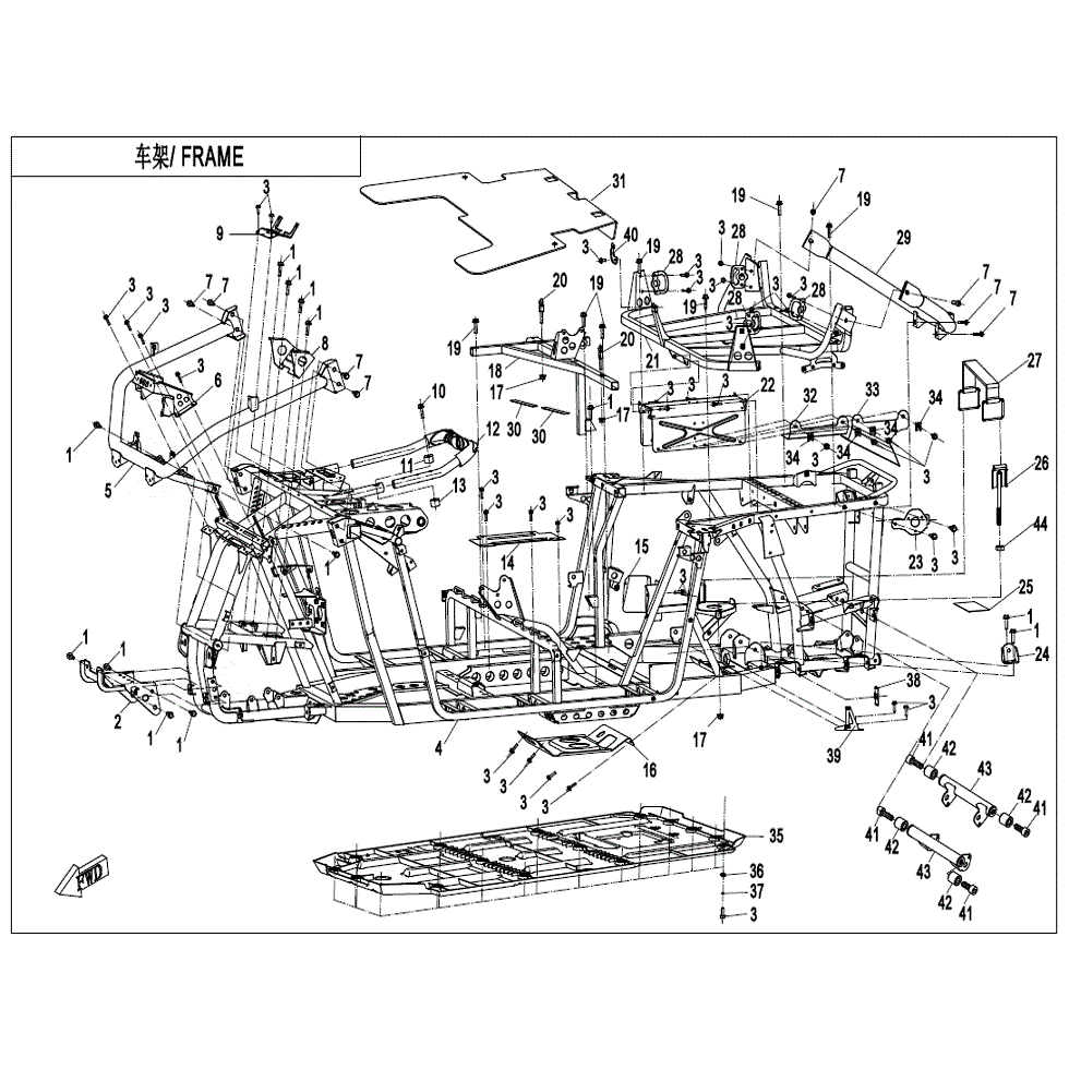 An Image of a Genuine CFMOTO Parts Schematic Diagram showing the schematic - FRAME - 2022 CFMOTO ZFORCE 800 Trail