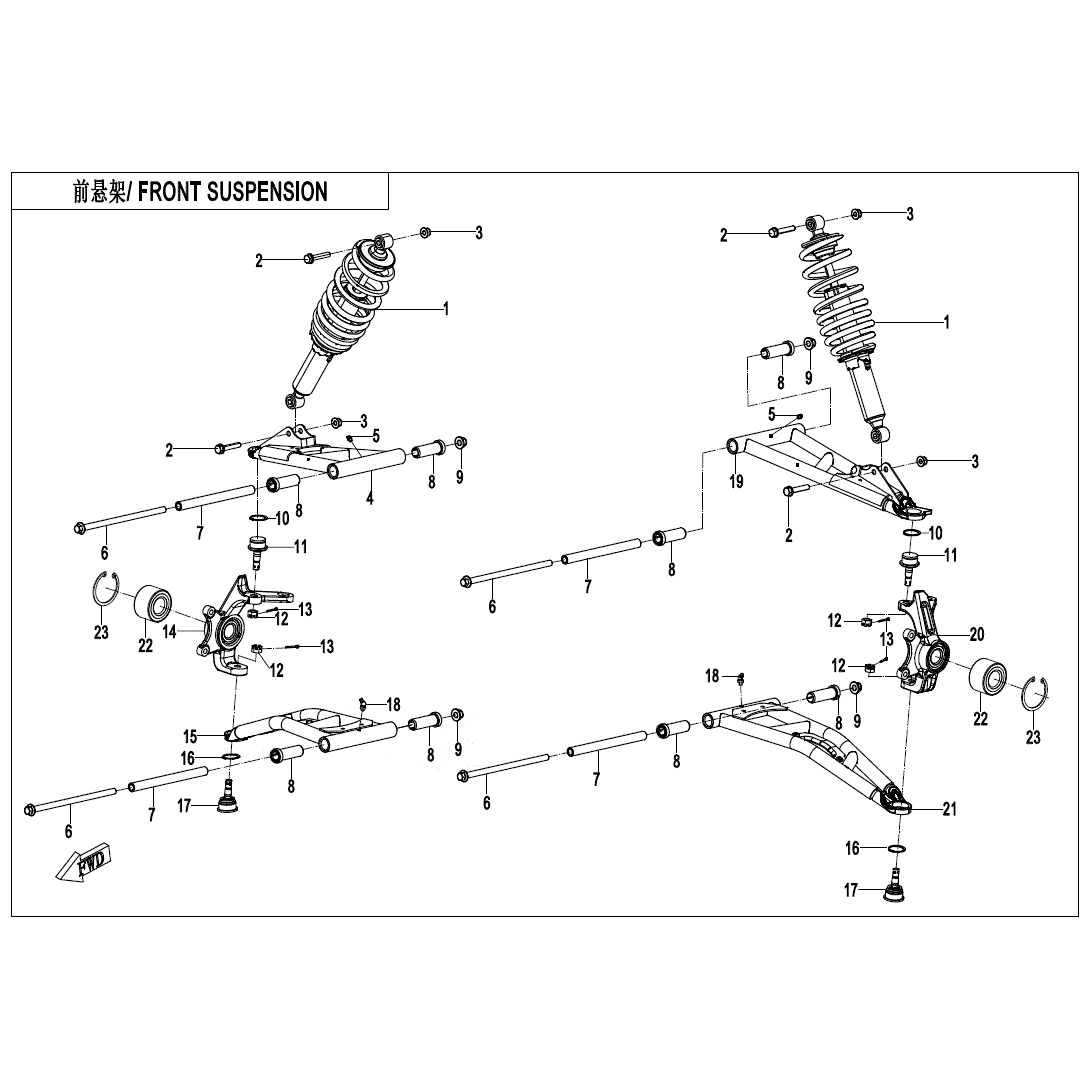 An Image of a Genuine CFMOTO Parts Schematic Diagram showing the schematic - FRONT SUSPENSION - 2025 CFMOTO UFORCE 800 XL