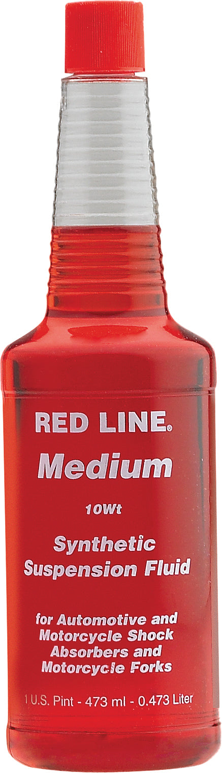 Synthetic Suspension Fluid 10W 16Oz by Red Line is a red liquid in a clear bottle, ideal for automotive and motorcycle shocks and forks. It offers excellent shear stability to help prevent shock fade. Size: 473 ml (1 U.S. pint).