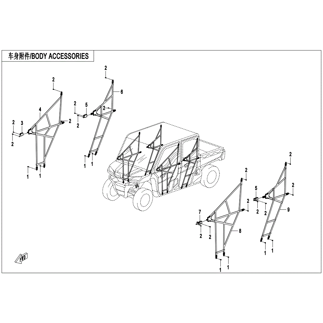 An Image of a Genuine CFMOTO Parts Schematic Diagram showing the schematic - BODY ACCESSORIES(2) - 2022 CFMOTO UFORCE 1000 XL