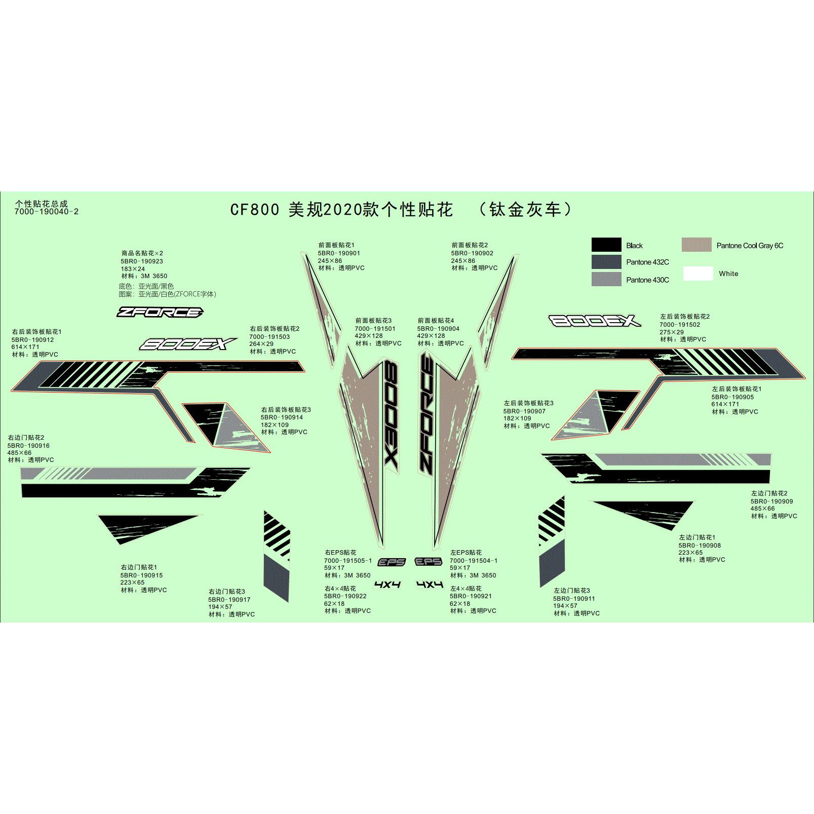 An Image of a Genuine CFMOTO Parts Schematic Diagram showing the schematic - DECAL KITS (TITANIUM GREY) - 2020 CFMOTO ZFORCE 800 EX