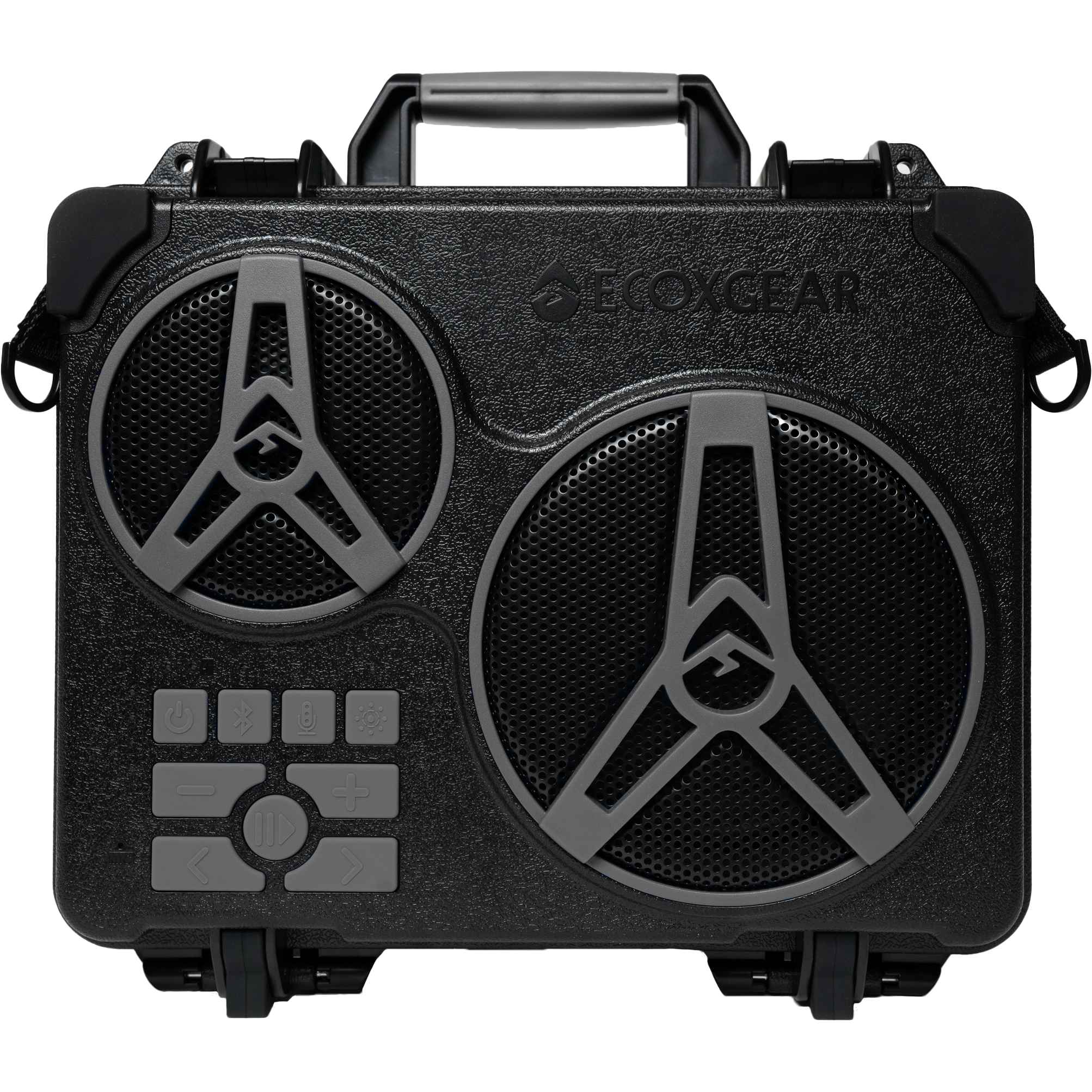 The Ecojourney Grey by EcoXGear is a black and gray portable speaker featuring two circular grills, control buttons, a top handle, and ECOXGEAR branding embossed on its textured surface.