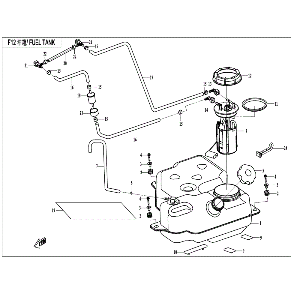An Image of a Genuine CFMOTO Parts Schematic Diagram showing the schematic - FUEL TANK - 2022 CFMOTO ZFORCE 800 EX